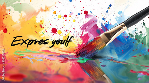 A artistic image of a paintbrush with a rainbow of colors. The paintbrush is dripping paint on a canvas or a paper. The image has a text that says "Express yourself". 