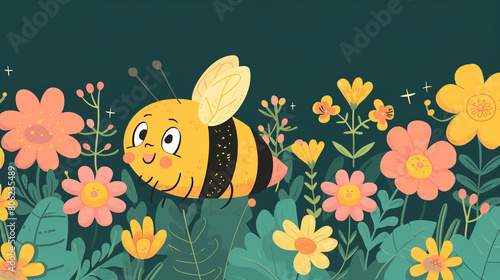 A cartoon bee buzzing around a cluster of cartoon-style flowers.