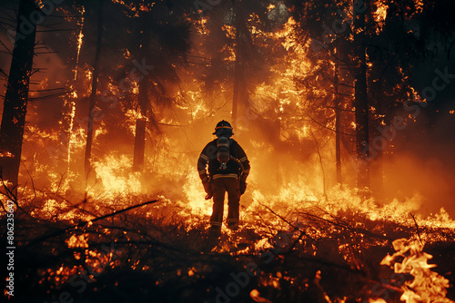 Firefighter Battling Intense Wildfire