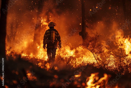 Firefighter Battling Intense Wildfire