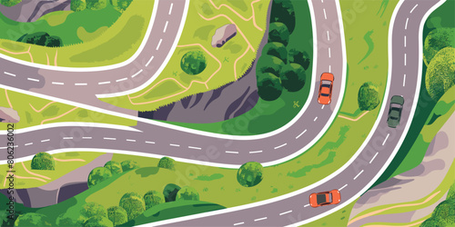 Aerial View of Winding Highway in Mountain Landscape: Cartoon Overhead Background