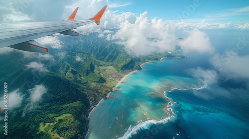 Top view from aircraft window on azure coast of islands. photo
