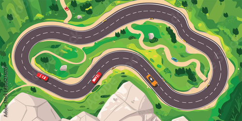 Aerial View of Winding Highway in Mountain Landscape: Cartoon Overhead Background
