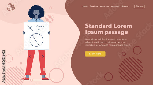 Woman showing placard. Female protest activist holding poster flat vector illustration. Crisis, activism, demonstration concept for banner, website design or landing web page