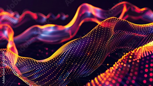 Abstract digital waves with colorful dots on a dark background