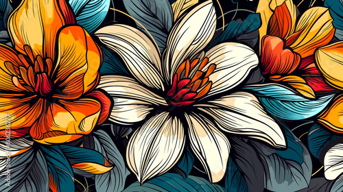 A contemporary clip art of a flower pattern  with bold lines and modern colors.