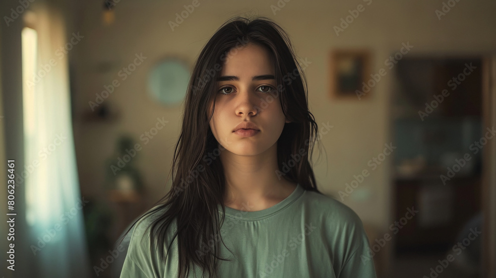 Young woman wearing t shirt standing at his room Young woman wearing t shirt standing at his room
