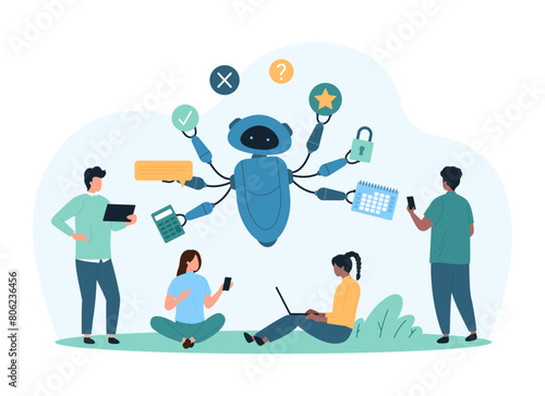 Office productivity of employee with AI services. Tiny people work with productive robot secretary, multitask support online from chat bot with many hands and skills cartoon vector illustration © Iconic Prototype
