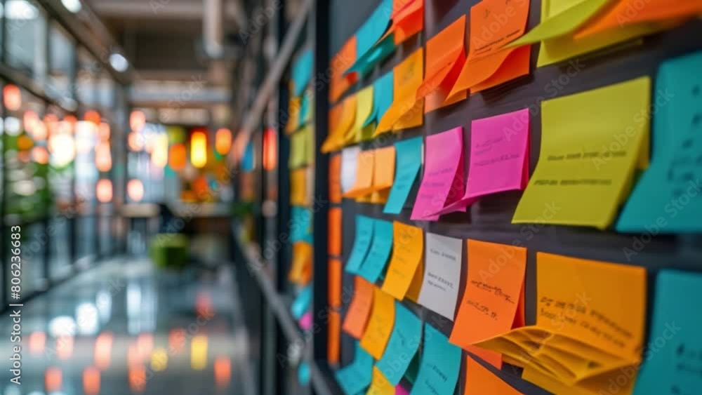 Close-up of colorful post-it stickers arranged on a chalkboard inside a contemporary office. It emphasizes the importance of organization and creativity in the workspace. Close-up of colorful post-it stickers arranged on a chalkboard inside a contemporary office. It emphasizes the importance of organization and creativity in the workspace.