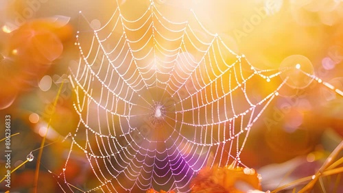 Macro shot of a spider's intricate web early in the morning dew photo