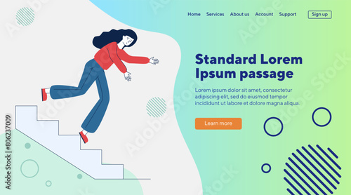 Young woman falling from staircase. Cartoon female character slipping on steps flat vector illustration. Slippery steps, injury, insurance concept for banner, website design or landing web page