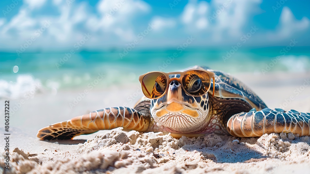 Obraz premium Turtle sunbathing on the beach wearing glasses.