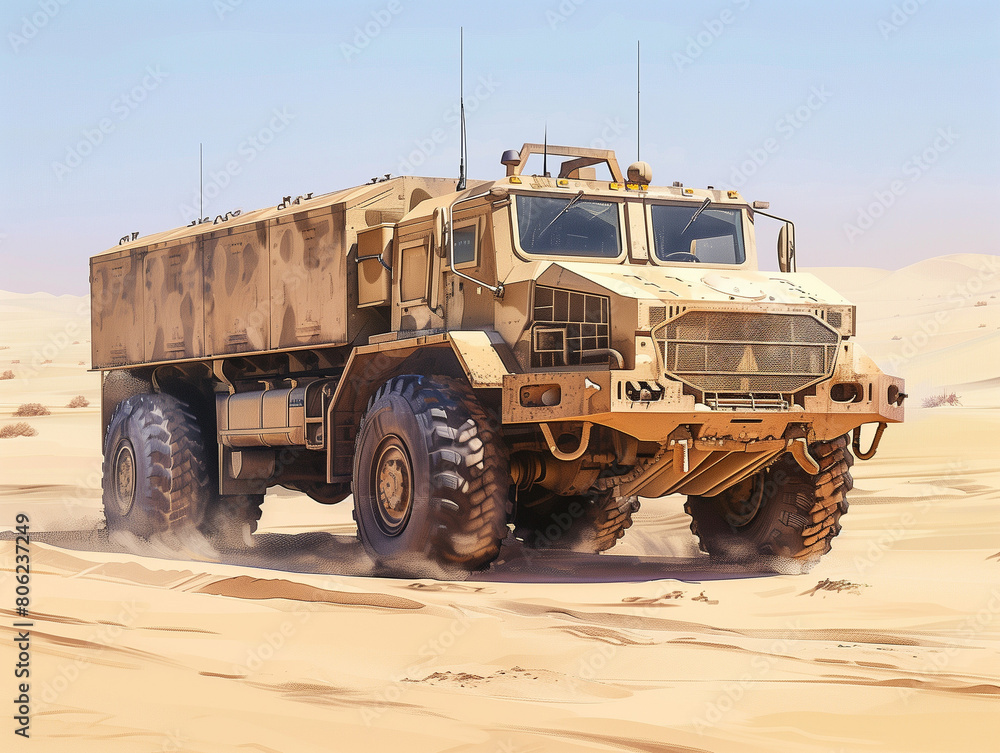 Large military truck in the desert.