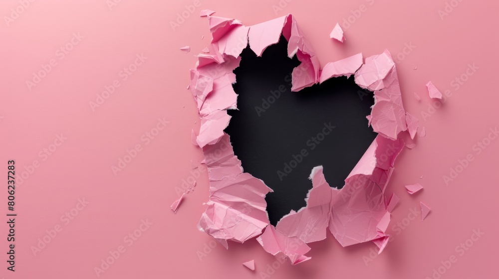 Black paper heart. Torn hole in pink paper in the shape of a heart. Black paper heart. Torn hole in pink paper in the shape of a heart.