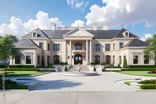 A large white house, a mansion with a large front door and a fountain in front of it. photo