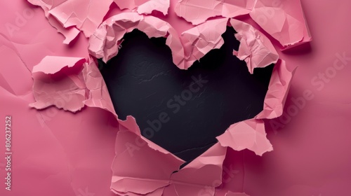 Black paper heart. Torn hole in pink paper in the shape of a heart. photo