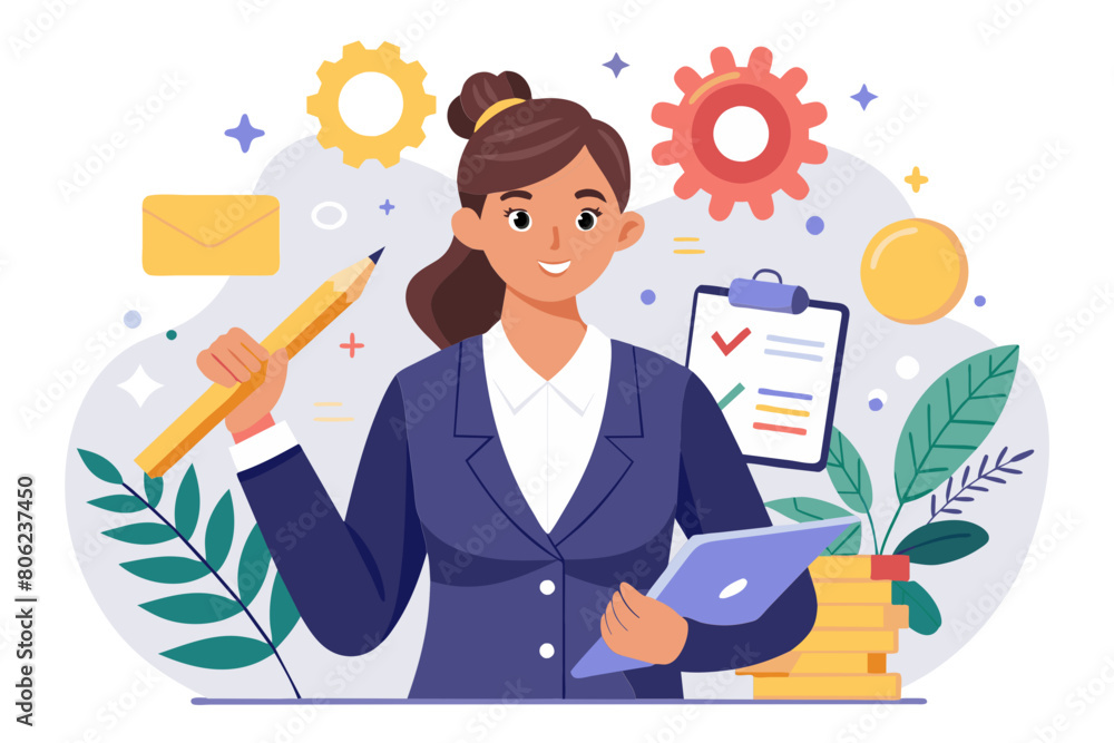 Project management or development plan strategy or process to develop product schedule or manage resource to achieve goal concept businesswoman holding pencil with project management elements modern Project management or development plan strategy or process to develop product schedule or manage resource to achieve goal concept businesswoman holding pencil with project management elements modern