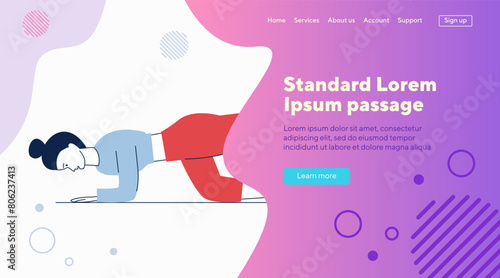 Young woman training with fitness ball. Female character doing plank exercise with Swiss ball flat vector illustration. Fitness club, workout concept for banner, website design or landing web page