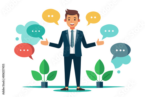 Verbal or oral communication skill storytelling or explanation public speaking talking or discussion telling message or speech concept confidence businessman talking with multiple speech bubbles