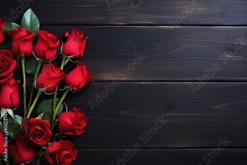 Vivid red roses arranged in a line on a rustic dark wooden table  conveying romantic atmosphere. Red Roses Lined Up on Dark Wooden Surface