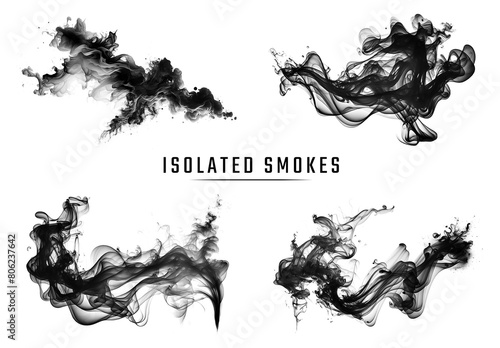 4 Black Smoke Brushes On Transparent Background. Generative ai