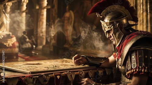 A Roman soldier sits at a table, looking at a map. He is surrounded by weapons and armor. photo