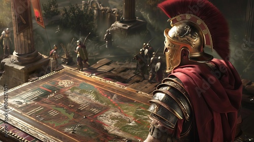 A Roman soldier gazes upon a map of his conquests. photo