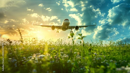 Ecoconscious travel promotes sustainable aviation fuel to reduce carbon footprint and pollution. Concept Eco-conscious Travel, Sustainable Aviation Fuel, Carbon Footprint Reduction