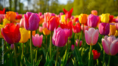 A field of tulips in various shades  creating a mesmerizing carpet of color in April