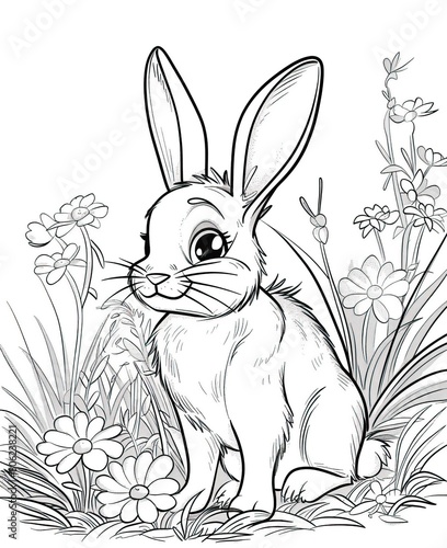 Cute hand drawn outlined Easter bunny sitting in a meadow of flowers and long grass.