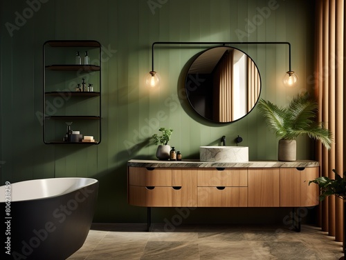 Ensuite green bathroom with wall-mounted wooden vanity, black sink and pill-shaped mirrors. Modern and luxurious decoration.