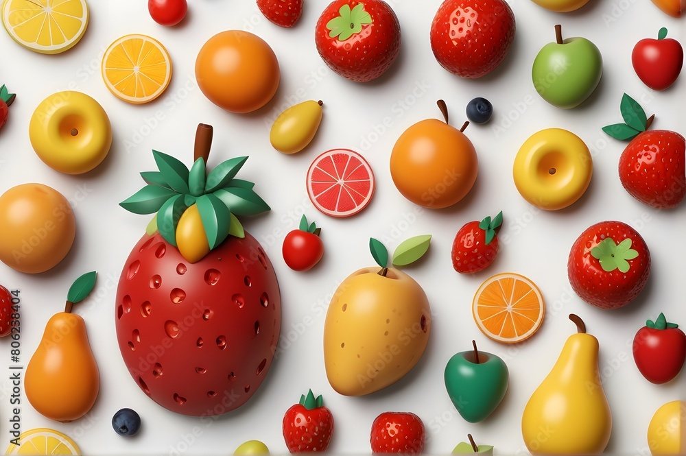 3d renders of various fruits including a pear and strawberry. Mix fruits on a white background. Fruits wallpaper. 3d renders of various fruits including a pear and strawberry. Mix fruits on a white background. Fruits wallpaper.
