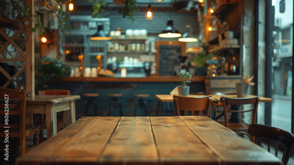A cozy, warmly lit cafe interior featuring wooden tables A cozy, warmly lit cafe interior featuring wooden tables