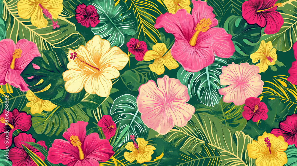 Tropical Hibiscus and Palm Leaves Pattern on Emerald Background Tropical Hibiscus and Palm Leaves Pattern on Emerald Background