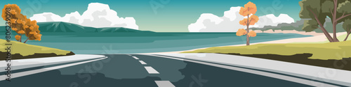Vector or Illustrator of landscape view of empty asphalt road. Wide open field the road leading down to the vast beach. Background of sea beach and island under blue sky and white clouds.