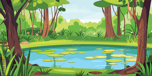 Sylvan Serenity: Vector Cartoon Illustration of Summer Forest Landscape with Pond