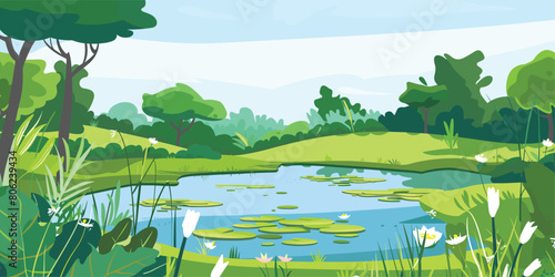 Sylvan Serenity: Vector Cartoon Illustration of Summer Forest Landscape with Pond
