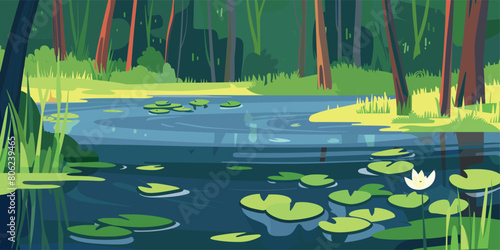 Sylvan Serenity: Vector Cartoon Illustration of Summer Forest Landscape with Pond