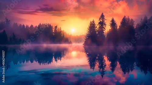A colorful sunrise over a misty lake, with silhouetted trees in the foreground, creating a captivating nature wallpaper.
