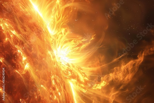4K realistic portrayal of solar storm surge, energetic solar winds, deep space view