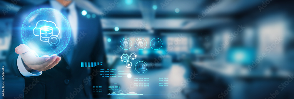 Fototapeta premium Holding a global network connection, our secure and reliable backup infrastructure ensures uninterrupted data flow. This advanced technology empowers businesses and individuals to thrive in the digita