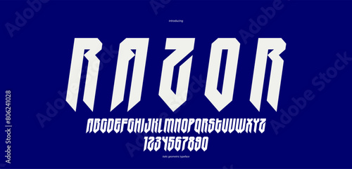 Sharp and bold gothic font for logo creation of for headlines, edgy geometric modern vector italic typeface, heavy metal and hard rock style alphabet with numbers.