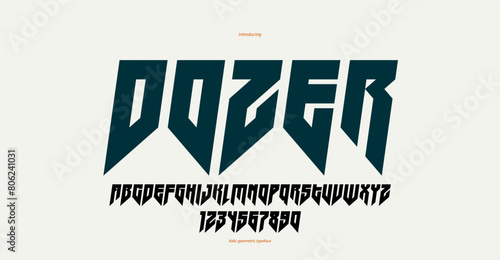 Sharp and bold gothic font for logo creation of for headlines, edgy geometric modern vector italic typeface, heavy metal and hard rock style alphabet with numbers.