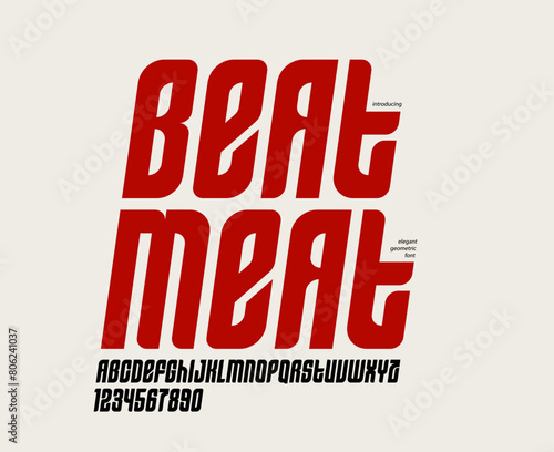 Tall and condensed sans serif display font for logos headers or slogans, vector italic heavy geometric typeface, uppercase letters alphabet with numbers, poster and advertising.