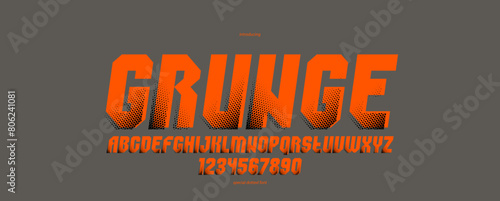 Halftone dotted futuristic cyberpunk font for logos and posters, vector brutal industrial typeface alphabet letters and numbers, urban technic future typography, italic version.