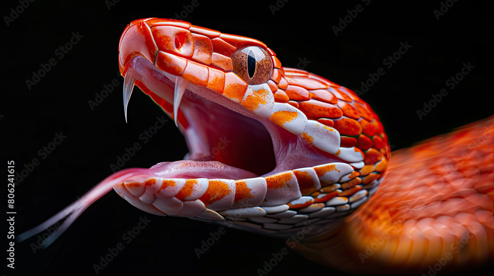 Fototapeta premium Red snake open mouth ready to attack isolated on black background