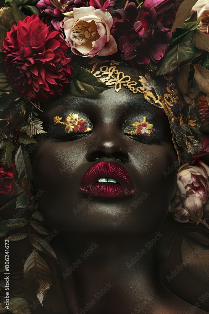 mixed media portrait of a black woman with dark burgundy red lips, floral and gold headpiece, glamour masterpiece