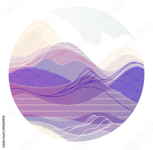 Oriental Japanese style vector abstract illustration in a shape of circle, background in Asian traditional style, wavy shapes and mountains terrain, runny like sea lines.