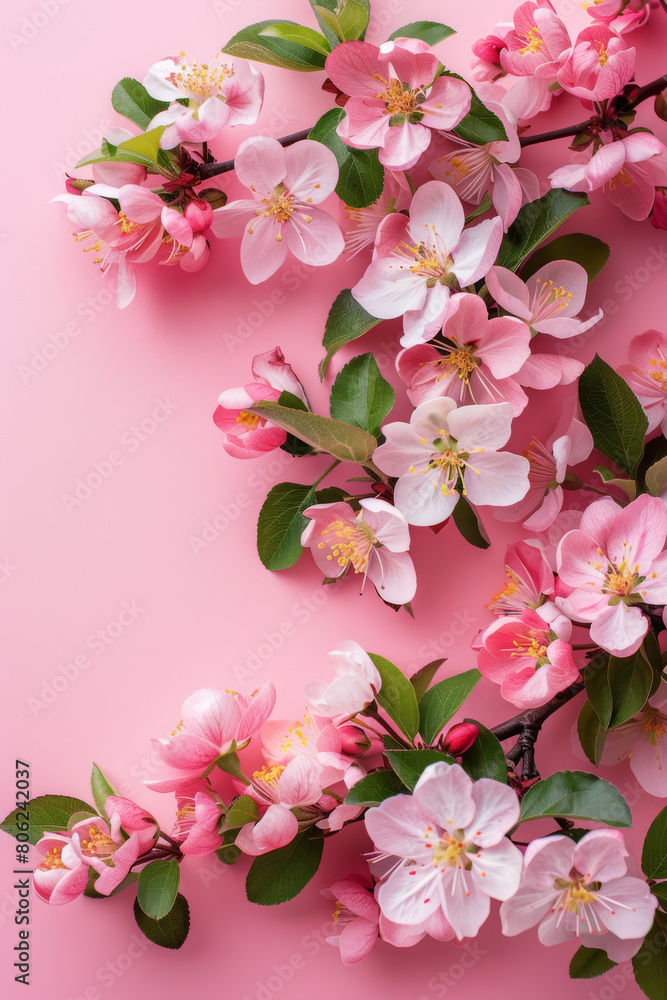 Pink flowers with green leaves are arranged in a row