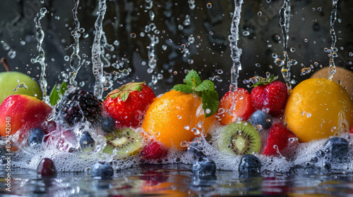 Assorted fresh fruits including strawberries, kiwi, and blackberries under a splash of water against a dark background.